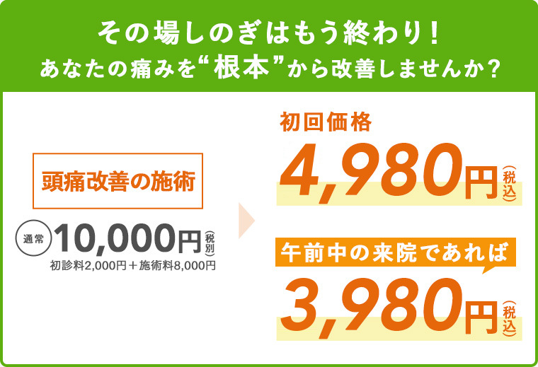 その場しのぎはもう終わり!あなたの痛みを“根本”から改善しませんか? 頭痛改善の施術 通常10,000円(税別・初診料2,000円+施術料8,000円)→初回価格4,980円(税込)、午前中の来院であれば3,980円(税込)
